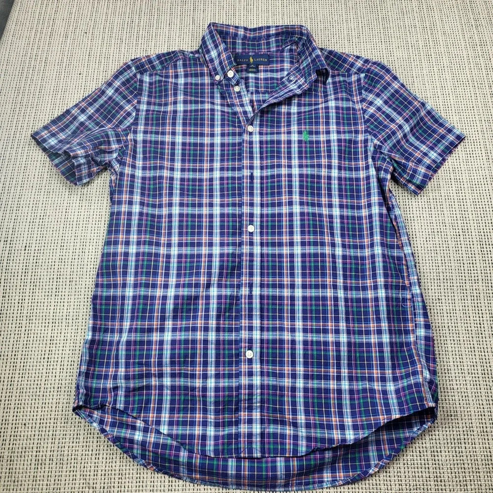 Ralph Lauren Shirt Boys XL 18-20 Blue Plaid Short Sleeve Button Front Pony Logo